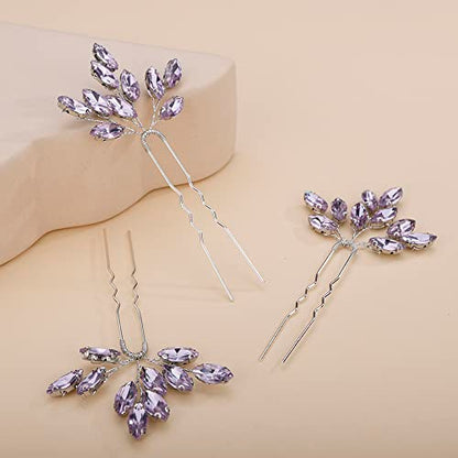 Teyglen 3pcs Bridal Crystal Hair Pins Rhinestones Hair Pieces Simple Purple Crystal Wedding Hair Pins Handmade Hair Accessories for Women Bride(Purple) - color: Purple