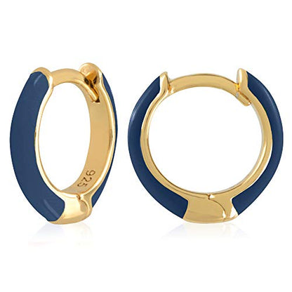 14K Gold Plated Sterling Silver Enamel Color Huggie Hoop Earrings for Women – Wide Range of Vibrant Color Options Available - color: Blue ( Navy )