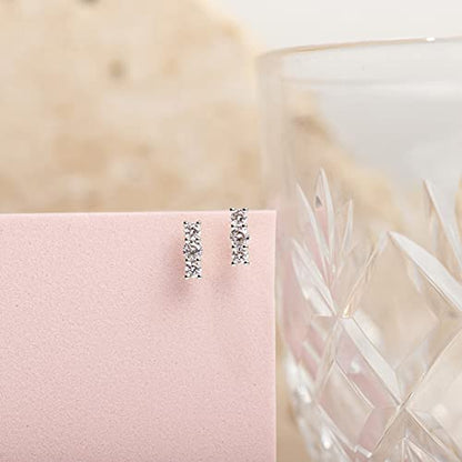 PAVOI 14K Gold Plated 925 Sterling Silver CZ Simulated Diamond Earrings | Dainty Geometric Shape Mini Bar Stud Earrings for Women - color: White Gold, style: Elegance