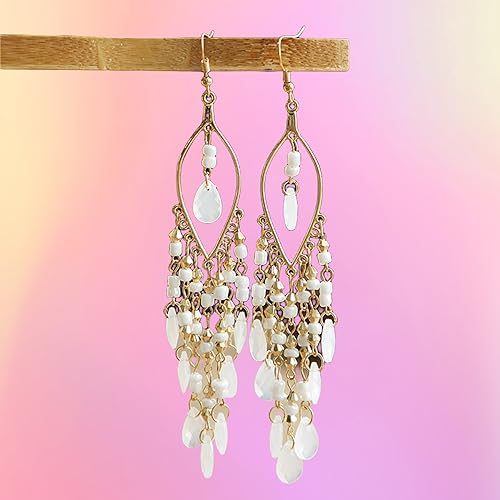 Essencedelight Crystal Beaded Tassel Earring Long Beaded Dangle Earring Fringe Hook Earring for Women Bridal Wedding - color: White