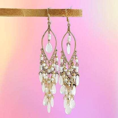 Essencedelight Crystal Beaded Tassel Earring Long Beaded Dangle Earring Fringe Hook Earring for Women Bridal Wedding - color: White