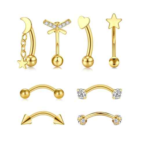 FECTAS 16G 8PCS Rook Piercing Jewelry Eyebrow Rings for Women Rook Earrings Tragus Daith Cartilage Lip Belly Surface Curved Barbell Piercing Jewelry 10mm 8mm - style: style3-8mm-gold