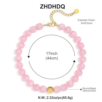Multicolor Chunky Beaded Necklace, Statement Colorful Round Ball Beads Choker Necklace with Gold-Tone Adjustable Chain, Fashion Bold Neck Jewelry for Women - color: 16mm-Pink