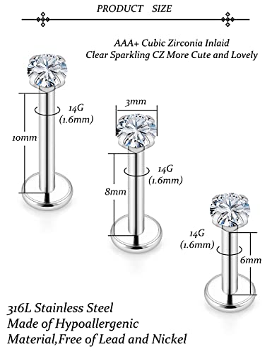 14G Lip Rings Stainless Steel Tragus Helix Conch Piercing Jewelry Snake Bite Piercing Monroe Lip Rings Labret Medusa Cartilage Lobe Earrings Studs Piercing Jewelry 6MM 8MM 10MM Silver 18PCS - color: 14G-3MM