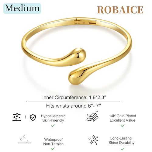 Robaice Gold Cuff Bracelet，14K Gold Plated Bangle Bracelets for Women | Open Cuff Bangle Bracelets, Trendy Chunky Twist Bracelet, Non Tarnish, Waterproof Hypoallergenic Jewelry, Gifts for Women - color: Medium-Gold