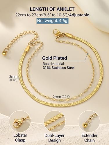 PROSTEEL Anklets for Women Waterproof, Silver/Gold/Black, Stainless Steel | Layered Anklets, Stainless Steel, Durable& No Tarnish, Summer Beach Jewelry, with Gift Box, 8-10.5" Adjustable, Plus Size - color: Gold, size: snake & paperclip