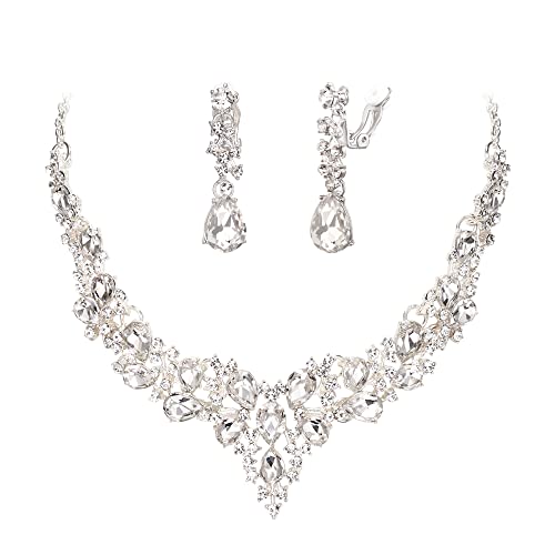 Wedding Statement Necklace Clip-on Earrings Jewelry Set | Sparkling Austrian Crystal Teardrop Cluster for Party Prom Accessories - color: 01-Clear Silver-Tone