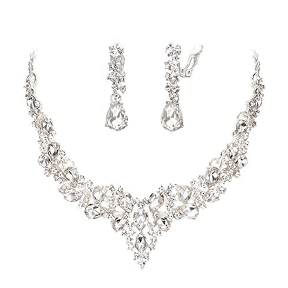 Wedding Statement Necklace Clip-on Earrings Jewelry Set | Sparkling Austrian Crystal Teardrop Cluster for Party Prom Accessories - color: 01-Clear Silver-Tone