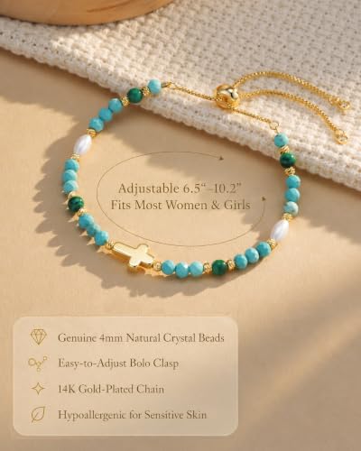 HGDEER God's Blessing Cross Bracelet for Women & Teens, Christian Gift | 14K Gold Plated, Natural Malachite & Turquoise Beads, Secure Adjustable Bolo Clasp, Hypoallergenic, Gift for Women & Teens - color: Multi-Green
