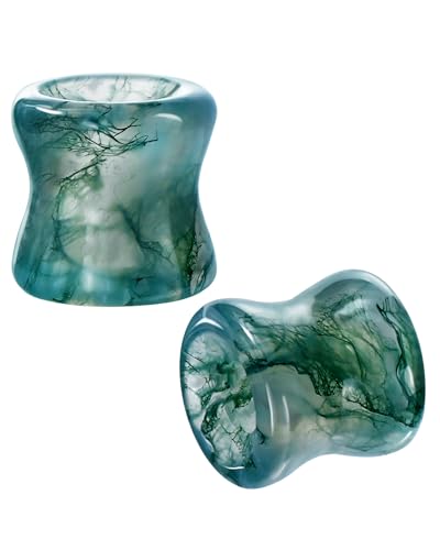 Jewseen 2g-5/8 Moss Agate Ear Gauges Plugs Real Natural Stone Double Flared Ear Tunnels Stretchers Gauges for Women Men Plugs Piercing Jewelry - size: 2g=6mm