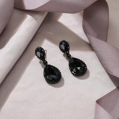 EVER FAITH Women's Austrian Crystal Wedding Tear Drop Dangle Earrings | Bridal Prom Jewelry for Bride Bridesmaid - color: Black Black-Tone