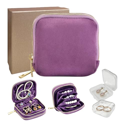 Small Travel Jewelry Case with Earring Box Mini Jewelry Case | Double-Layer Velvet Travel Jewelry Organizer Pouch with 7 grids & 4 Pockets, for Necklace Bracelet, Gifts for Women, Purple - color: Purple double-layer
