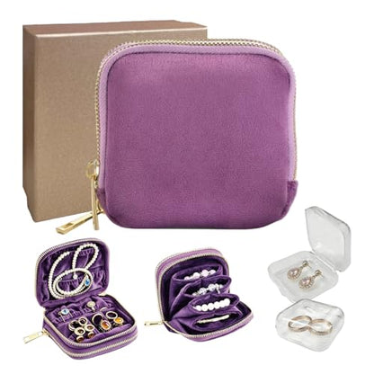 Small Travel Jewelry Case with Earring Box Mini Jewelry Case | Double-Layer Velvet Travel Jewelry Organizer Pouch with 7 grids & 4 Pockets, for Necklace Bracelet, Gifts for Women, Purple - color: Purple double-layer