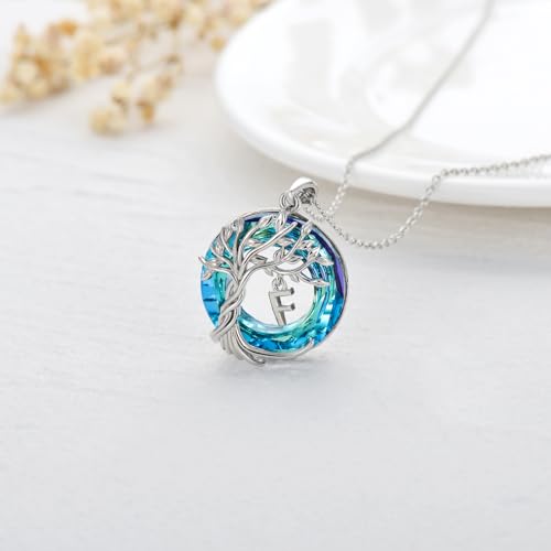 TOUPOP Gifts for Women Tree of Life Initial Necklace 925 Sterling Silver Letter Pendant with Blue Crystal Birthday Jewelry Gifts for Women Her Mom Wife Daughter - color: Tree of Life F Initial