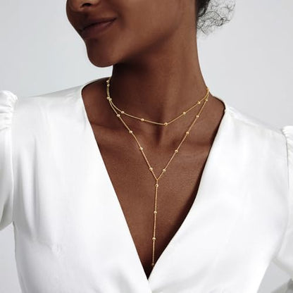 Zeffy Lariat Gold Necklace for Women, Dainty Long Necklace 14k Gold/Silver Plated Layered CZ Beaded Bar Chain Y-Shaped Body Chain Stack Drop Wedding Necklace Trendy Simple Gold Jewelry Gifts - color: Gold Bead Y Necklace (1PCS)