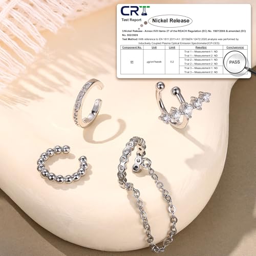 Florideco 4 PCS Ear Cuffs Non Piercing Hypoallergenic 14K Gold Plated Ear Cuff Earrings for Women Trendy CZ Clip On Cartilage Earring Set Dainty Adjustable Fake Piercings Earrings - color: CZ Chian: Silver Plated