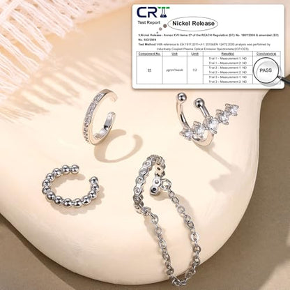 Florideco 4 PCS Ear Cuffs Non Piercing Hypoallergenic 14K Gold Plated Ear Cuff Earrings for Women Trendy CZ Clip On Cartilage Earring Set Dainty Adjustable Fake Piercings Earrings - color: CZ Chian: Silver Plated