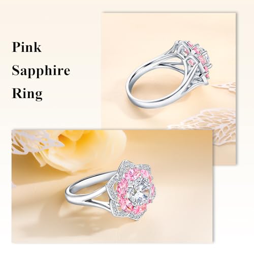 Flower Cocktail Ring for Women Stone Engagement Anniversary Rings | Sterling Silve|Hypoallergenic|Ruby|Sapphire|Emerald|Wedding and Birthday Party Women Statement Ring|Mother and Grandma Gift - color: Pink Tourmaline (Oct.)