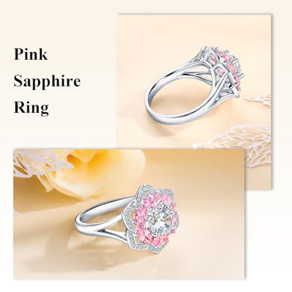 Flower Cocktail Ring for Women Stone Engagement Anniversary Rings | Sterling Silve|Hypoallergenic|Ruby|Sapphire|Emerald|Wedding and Birthday Party Women Statement Ring|Mother and Grandma Gift - color: Pink Tourmaline (Oct.)