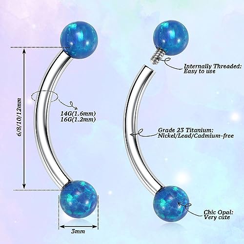 G23 Titanium Eyebrow Piercing Jewelry Eyebrow Rings Curved Barbell 16G Eyebrow Belly Button Ring Navel Rings Rook Daith Earrings Lip Ring Eyebrow Jewelry 6mm-12mm - color: 2PCS,Ball Shape Blue Opal,Silver