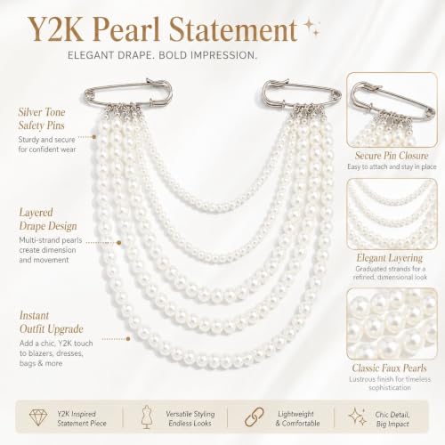 Pearl Pin Brooch for Women Men Vintage Multi Layer Faux Beaded Shoulder Jewelry U Shaped Lapel Chain Accessory Gift