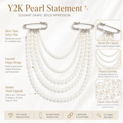 Pearl Pin Brooch for Women Men Vintage Multi Layer Faux Beaded Shoulder Jewelry U Shaped Lapel Chain Accessory Gift