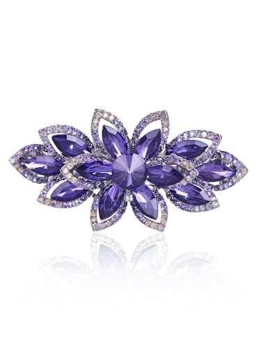 Floral Rhinestone Hairpin Luxury Crystal Flower Hair Barrette Clip (Purple) - color: Purple