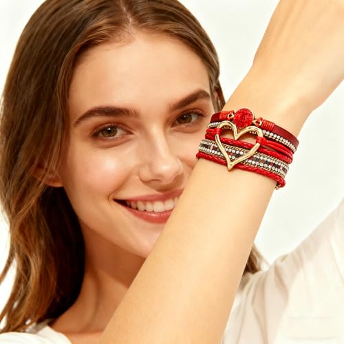 Leather Wrap Bracelets for Women, Boho Leopard Multi-Layer Crystal Beads Cuff Jewelry - color: J-Warp-016
