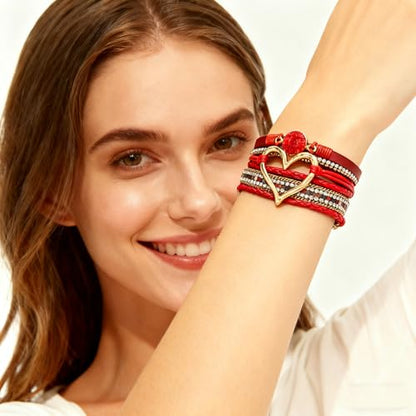 Leather Wrap Bracelets for Women, Boho Leopard Multi-Layer Crystal Beads Cuff Jewelry - color: J-Warp-016