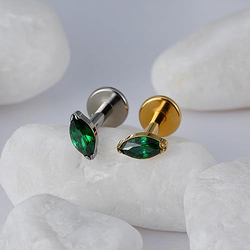 1PC Tragus Conch Helix Flat Labret Piercing Jewelry 16G 6mm 8mm - ASTM F136 Titanium Cartilage Earring Flatback Stud, Implant Grade Internally Threaded Hypoallergenic Body Jewelry (Clear CZ) - color: Green Marquise CZ - Tit