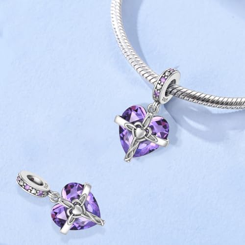 LNQOBU Birthstone Charm for Bracelets,925 Sterling Silve Heart Dangle Charms for Pandora Bracelets - color: B-February