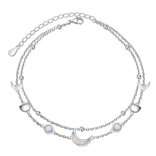 Flyow Anklet for Women S925 Sterling Silver Adjustable Foot Beaded Heart Charm Ankle Bracelet Anklets Jewelry - style: moon phase