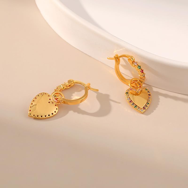 Dainty 14K Gold Plated Cubic Zirconia Heart Small Hoop Earrings Charm Mini Sparkly Colorful Crystal Love Heart Dangle Drop Huggie Earrings for Women