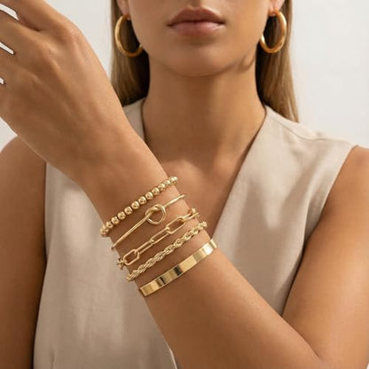 PLOMFOV Gold Bracelets for Women Stack Non Tarnish 14K Gold Plated Chunky Gold Bangles Bracelet Set Beaded Paperclip Chain Cuban Link Dainty Trendy Waterproof Stackable Cuff Bracelets Jewelry Gifts for Women - color: 5Pcs Gold-Bead Set