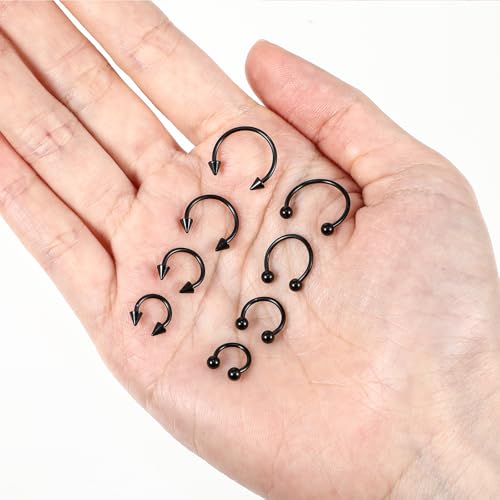 Telooco 8 Pcs 16G Septum Rings Surgical Steel Horseshoe Nose Ring Hoop Eyebrow Lip Navel Piercing Ring Earrings Septum Piercing Jewelry for Women Men 6/8/10/12mm (Black) - color: Black