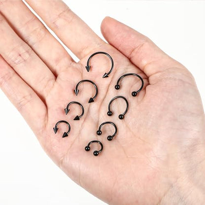 Telooco 8 Pcs 16G Septum Rings Surgical Steel Horseshoe Nose Ring Hoop Eyebrow Lip Navel Piercing Ring Earrings Septum Piercing Jewelry for Women Men 6/8/10/12mm (Black) - color: Black