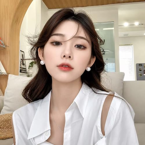 ZLP Oversize 14/12/10mm Classic Round Strong Light Simulated Shell Pearl Earrings 14K Gold Plated Sterling Silver Stud Big Pearl Earrings for Women, - color: Saltwater pearls, size: 12 MM