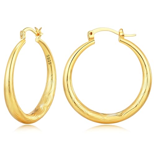 OOOPEL 925 Sterling Silver Hoop for Women Gold Hoop Earrings Hypoallergenic Diamond-Cut Ripples Designed - Non Tarnish Large Hoop Earrings(30/40/50/60/70mm) - color: Gold-30mm