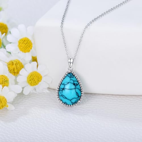 VONALA Sterling Silver Necklace Moss Agate/Turquoise/Larimar/Aquamarine/Opal/Black Onyx/Rose Quartz/Moonstone Pendant Teardrop Necklace Jewelry Gift for Women - style: Turquoise2