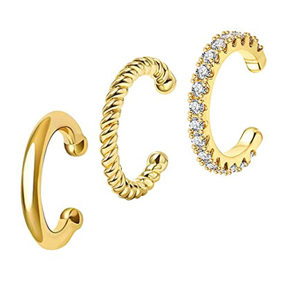 3Pcs 14K Gold Plated Cubic Zirconia Ear Cuffs for Non Pierced Ears Women, Hypoallergenic Sparkling Round Huggie Cartilage Earring Jewelry Gifts - color: gold