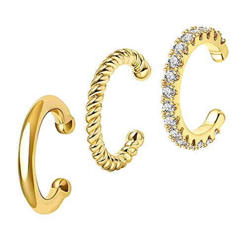3Pcs 14K Gold Plated Cubic Zirconia Ear Cuffs for Non Pierced Ears Women, Hypoallergenic Sparkling Round Huggie Cartilage Earring Jewelry Gifts - color: gold