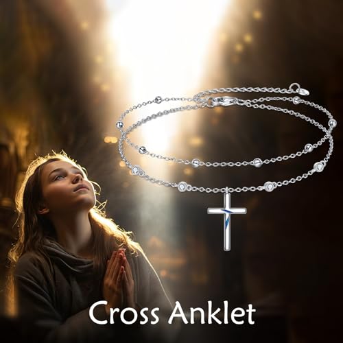 LUHE Cross Ankle Bracelets Sterling Silver Religius Double Chain Anklets Christian Baptism Layered Anklet Jewelry Gifts for Women - style: Elegant cross anklet
