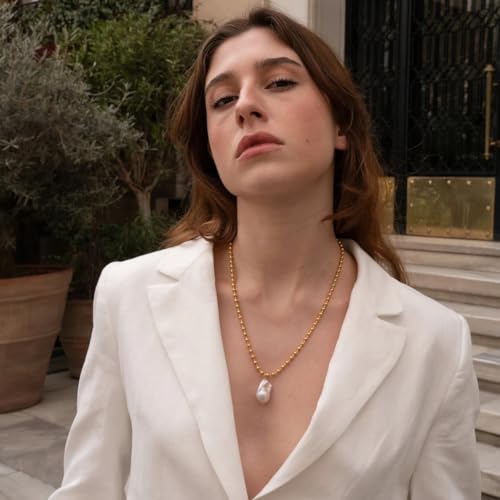 NUZON Sunburst Heart / 2-Tone Interlocking/CZ Evil Eye/Single Pearl/Love Heart Pendant Necklace for Women 14K Gold Chain Necklace Chunky Statement Jewelry - color: Baroque Pearl Pendant