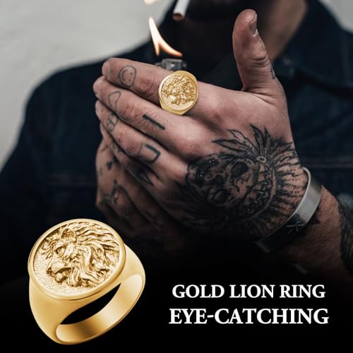 Mens Signet Ring Stainless Steel Lion Eagle Head Statement Rings Jewelry for Men Size 8/9/10/11/12/13 - style: Gold Tone Lion