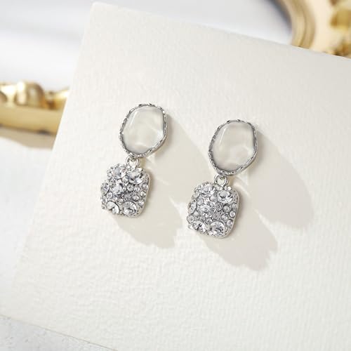 Gorgeous Shiny Rhinestones Square Irregular Stone Dangle Earrings for Women Bride Bridesmaid Party Prom Jewelry Accessories - style: Silver-Tone