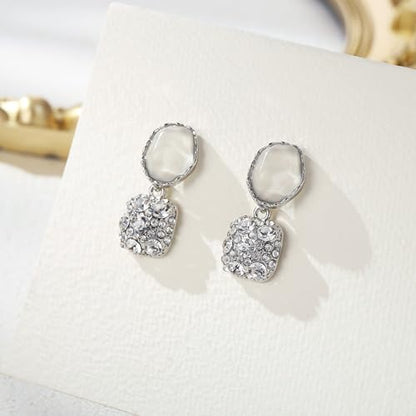 Gorgeous Shiny Rhinestones Square Irregular Stone Dangle Earrings for Women Bride Bridesmaid Party Prom Jewelry Accessories - style: Silver-Tone