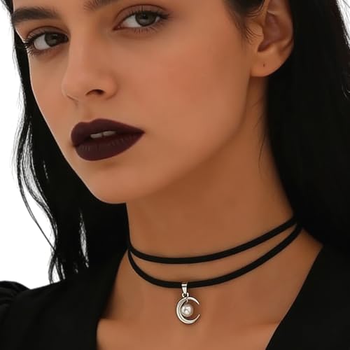 Black Choker for Women, Adjustable Layered Velvet Leather Lace Collar necklace, Goth necklace Gifts - color: Pearl Moon