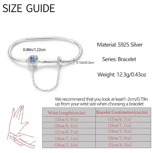 KUNSIR 925 Sterling Silver Snake Chain Bracelet with Safety Chain Charm Bracelets for Women Teen - style: PAB038