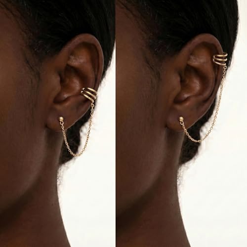 SLUYNZ 925 Sterling Silver Cuff Earrings Chain for Women Crawler Earrings Studs - color: B-18K Gold Plated