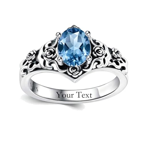 1 CT Oval Cut Gemstone Vintage Filigree Ring 925 Sterling Silver Retro Rose Teardrop Birthstone Statement Ring Anniversary Jewelry Gifts for Women Ring Size 4-13 - color: Dec-Blue Zircon